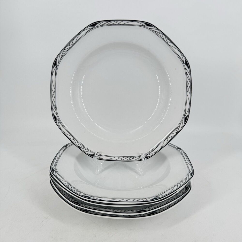 Studio Nova Synthesis Y0031 Soup Bowls Set of 5 White Black Rim 9” Octagonal